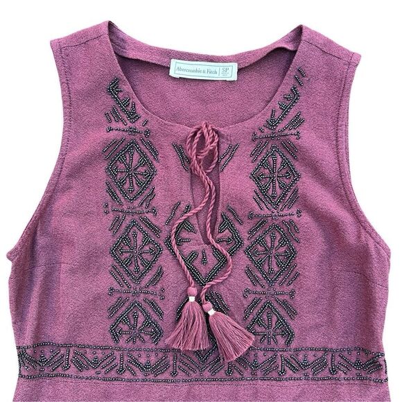 Abercrombie & Fitch Dress Women's Small Maroon Beaded Aztec Sleeveless Tie Neck - Picture 12 of 16